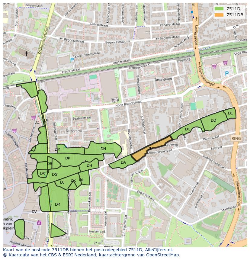 Afbeelding van het postcodegebied 7511 DB op de kaart.