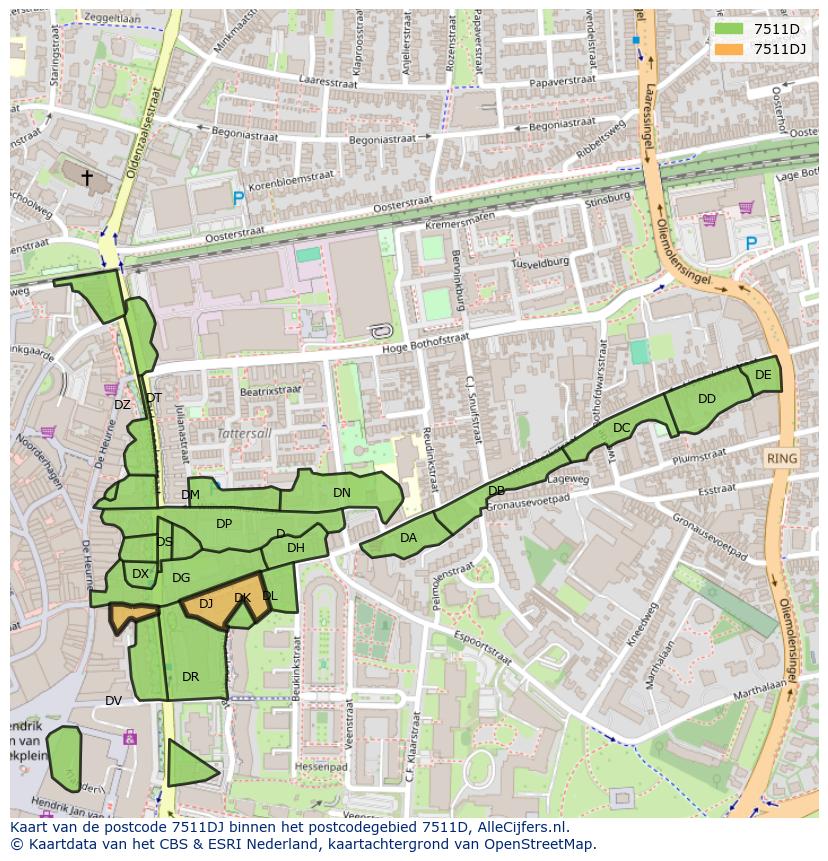 Afbeelding van het postcodegebied 7511 DJ op de kaart.