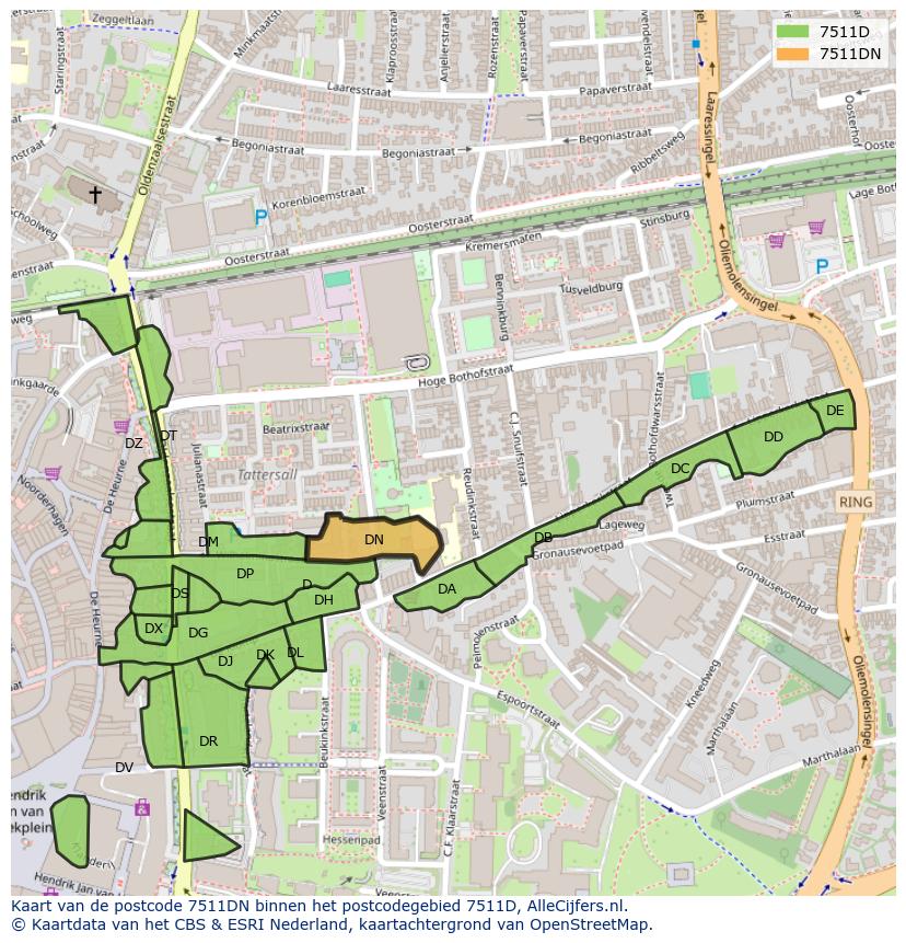 Afbeelding van het postcodegebied 7511 DN op de kaart.