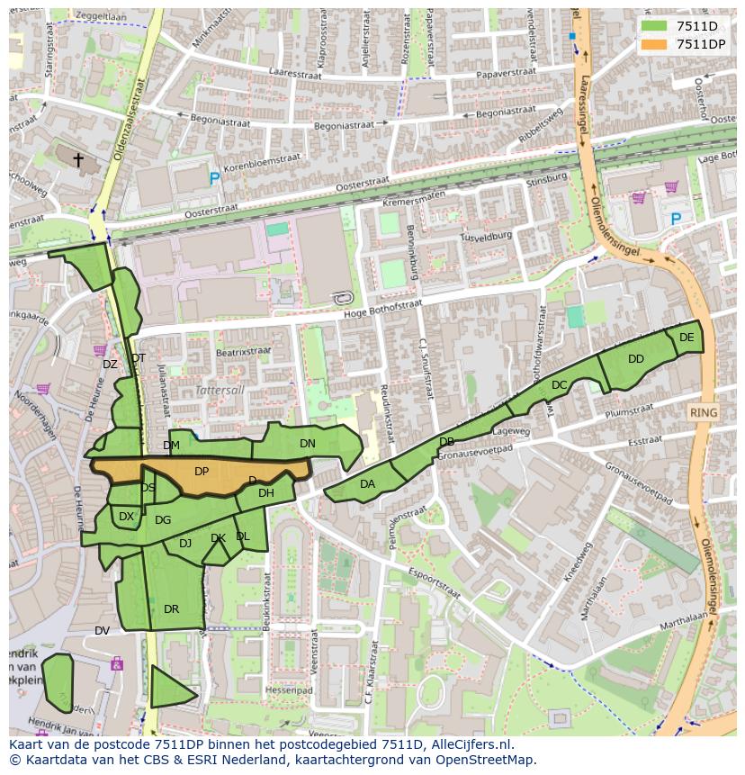 Afbeelding van het postcodegebied 7511 DP op de kaart.