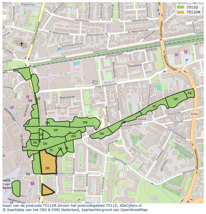 Afbeelding van het postcodegebied 7511 DR op de kaart.