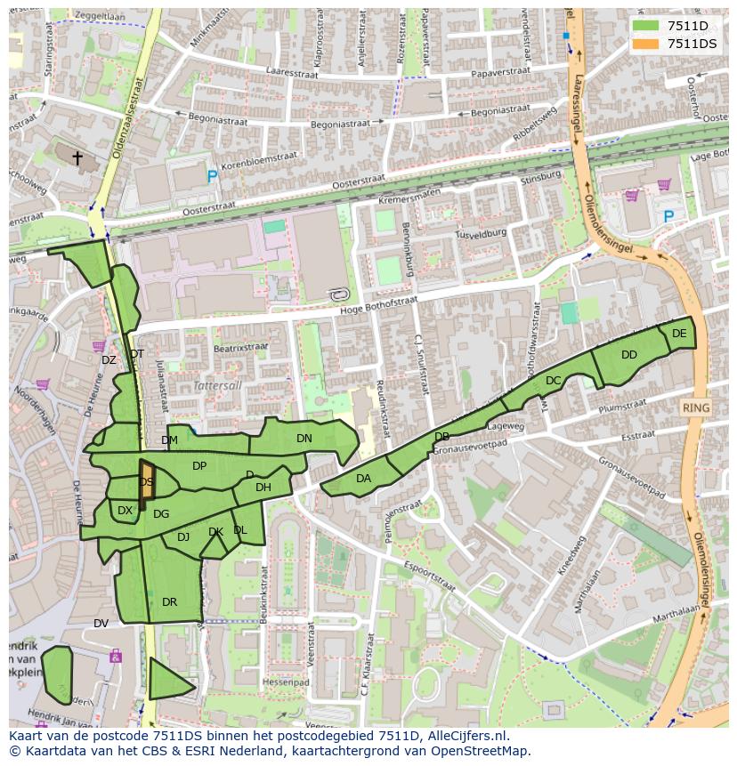 Afbeelding van het postcodegebied 7511 DS op de kaart.