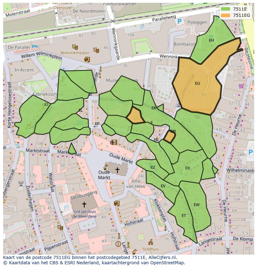 Afbeelding van het postcodegebied 7511 EG op de kaart.