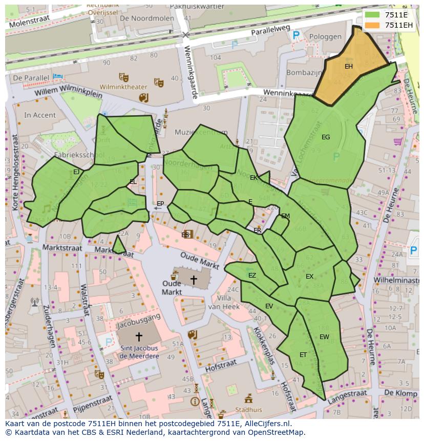 Afbeelding van het postcodegebied 7511 EH op de kaart.