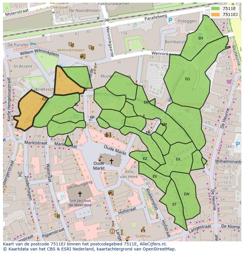 Afbeelding van het postcodegebied 7511 EJ op de kaart.