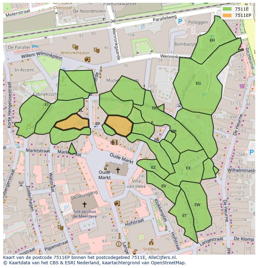 Afbeelding van het postcodegebied 7511 EP op de kaart.