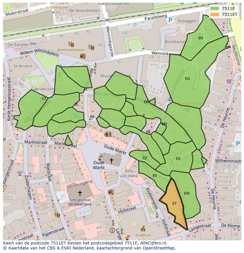 Afbeelding van het postcodegebied 7511 ET op de kaart.