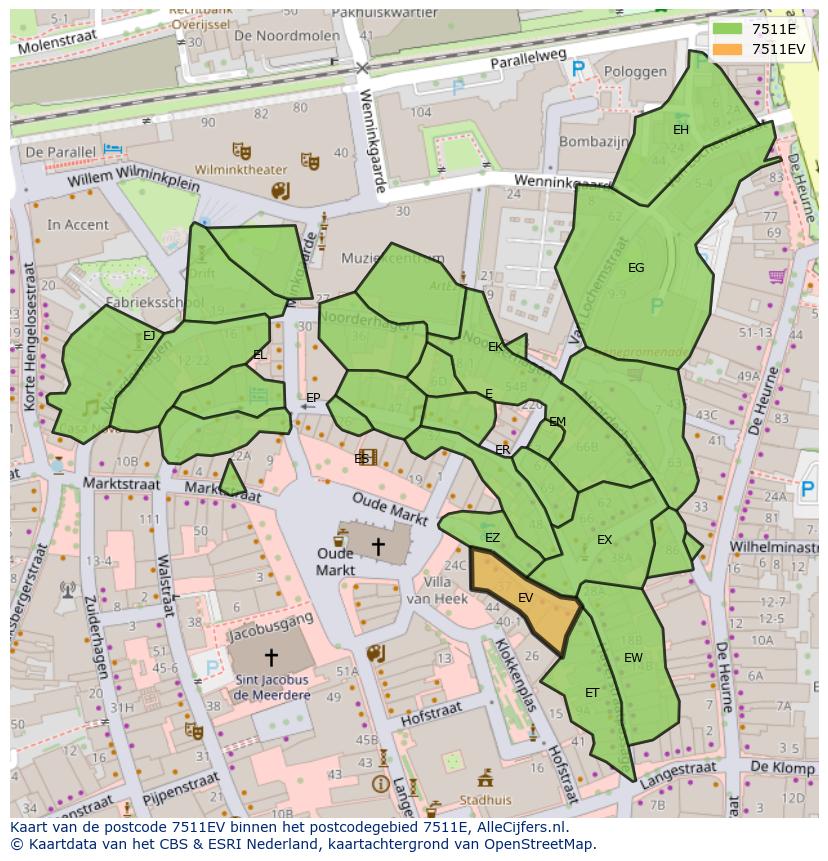 Afbeelding van het postcodegebied 7511 EV op de kaart.