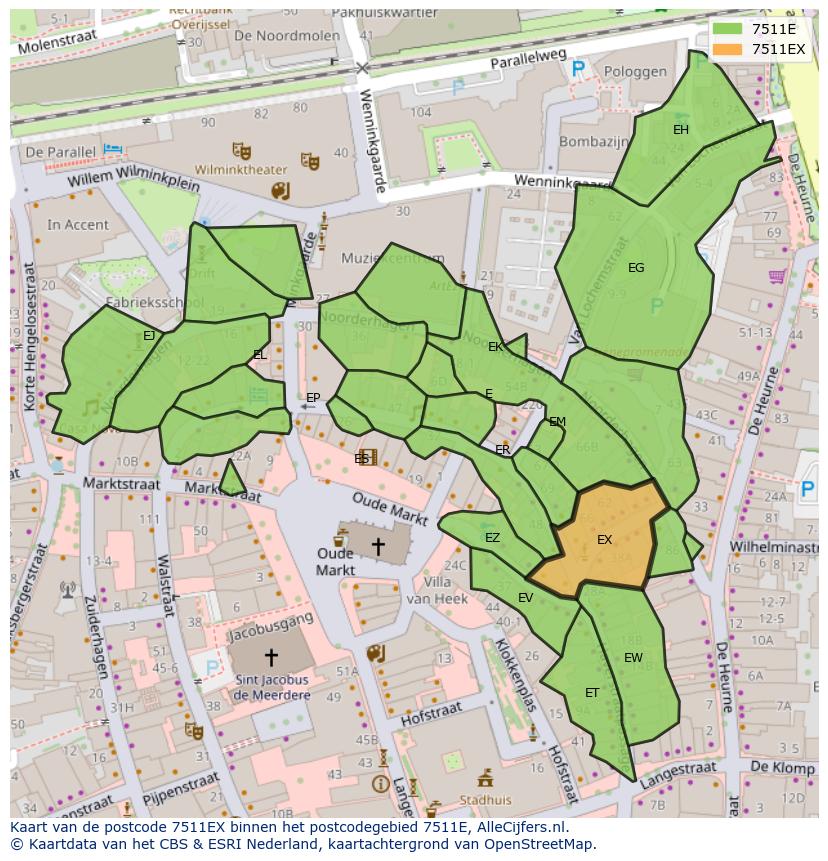 Afbeelding van het postcodegebied 7511 EX op de kaart.