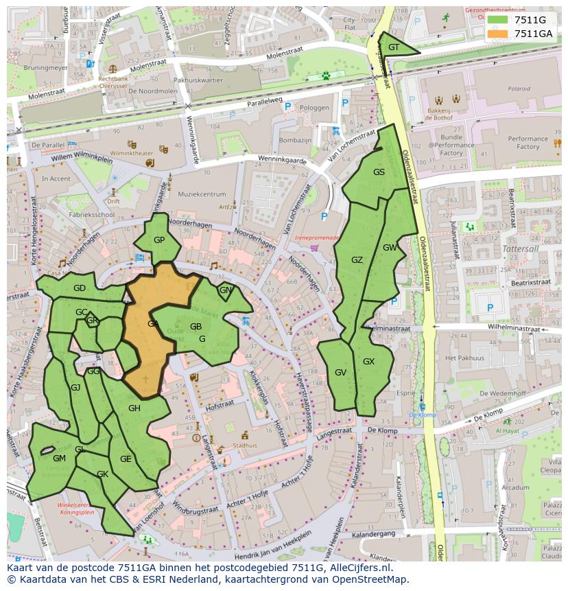 Afbeelding van het postcodegebied 7511 GA op de kaart.