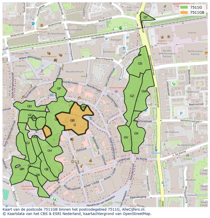 Afbeelding van het postcodegebied 7511 GB op de kaart.