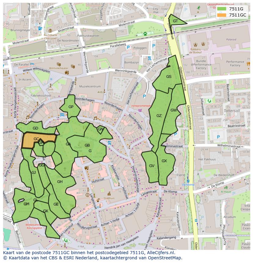 Afbeelding van het postcodegebied 7511 GC op de kaart.