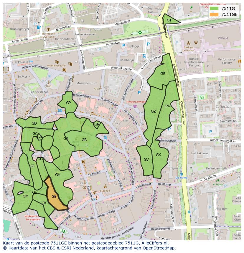 Afbeelding van het postcodegebied 7511 GE op de kaart.