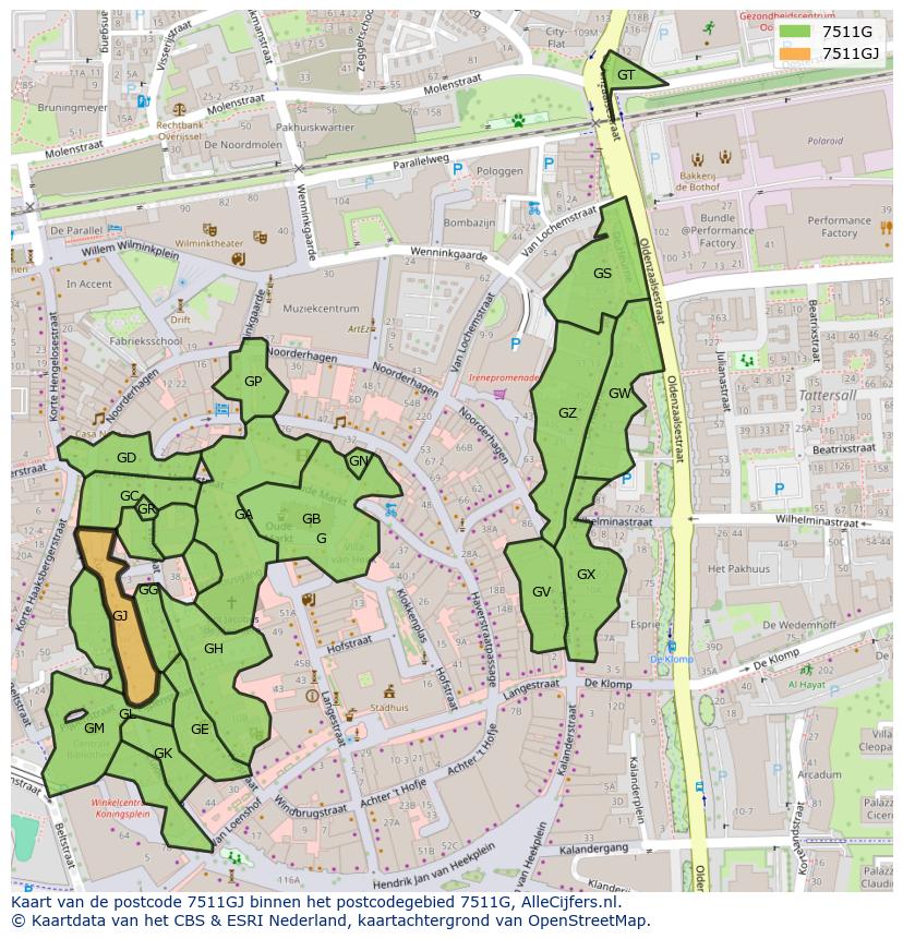 Afbeelding van het postcodegebied 7511 GJ op de kaart.