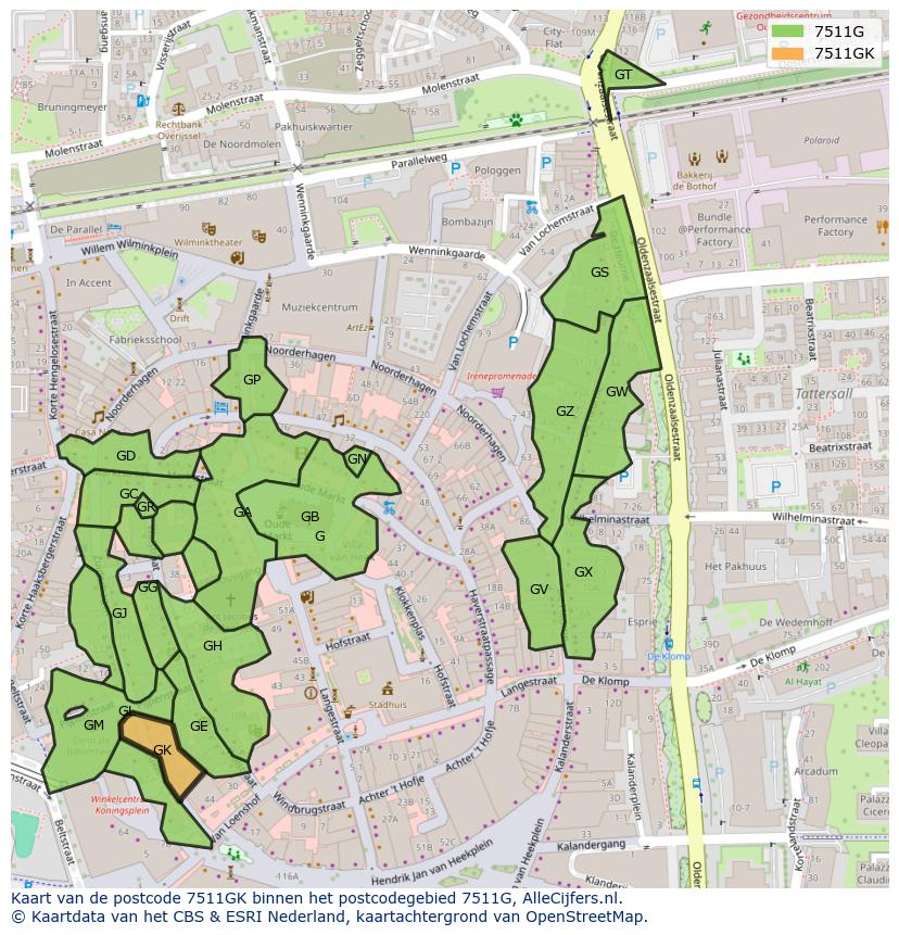 Afbeelding van het postcodegebied 7511 GK op de kaart.