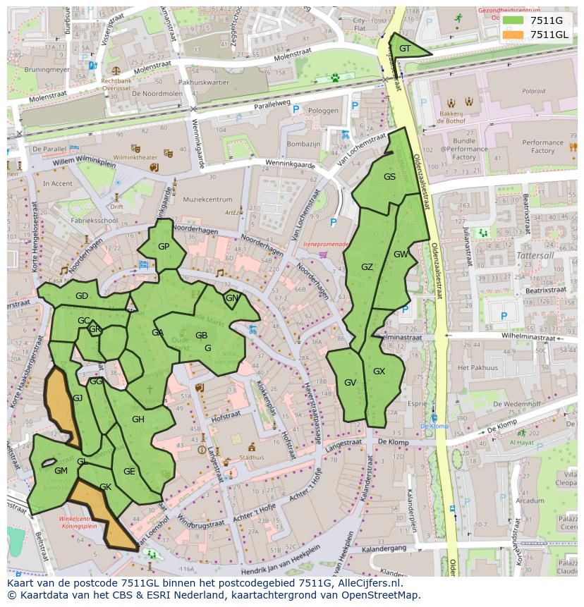 Afbeelding van het postcodegebied 7511 GL op de kaart.