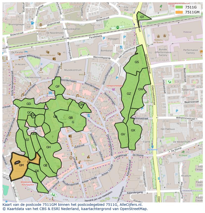 Afbeelding van het postcodegebied 7511 GM op de kaart.