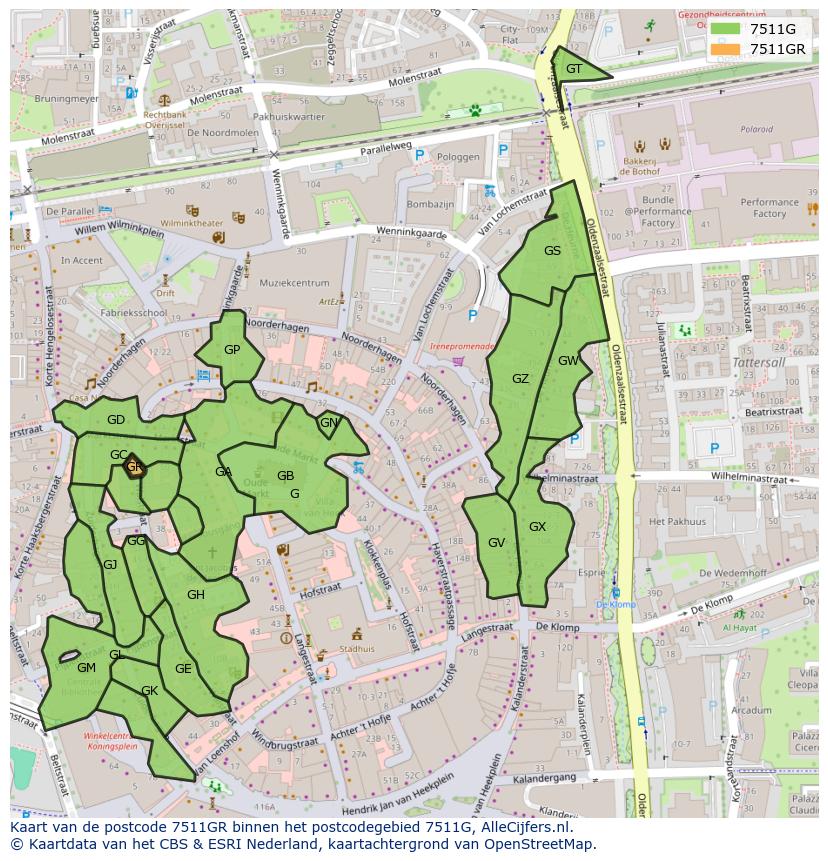 Afbeelding van het postcodegebied 7511 GR op de kaart.