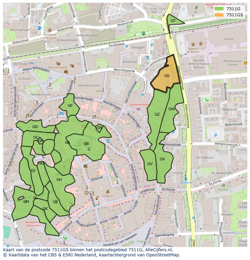 Afbeelding van het postcodegebied 7511 GS op de kaart.