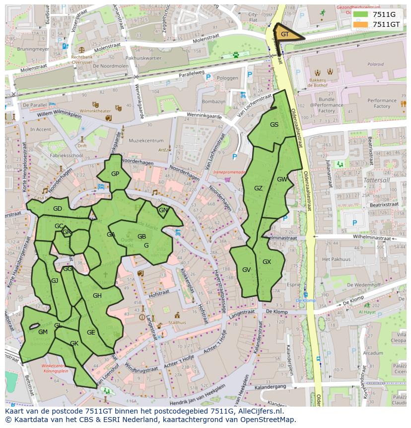Afbeelding van het postcodegebied 7511 GT op de kaart.