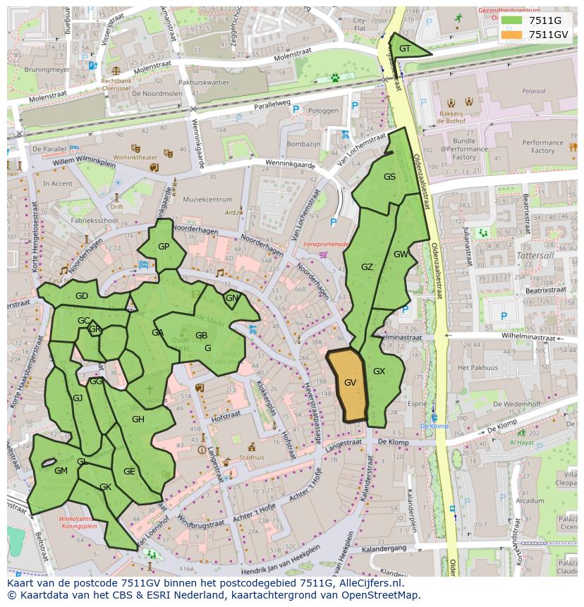 Afbeelding van het postcodegebied 7511 GV op de kaart.