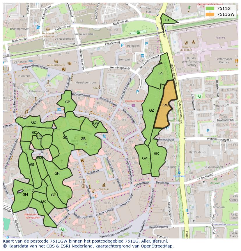 Afbeelding van het postcodegebied 7511 GW op de kaart.