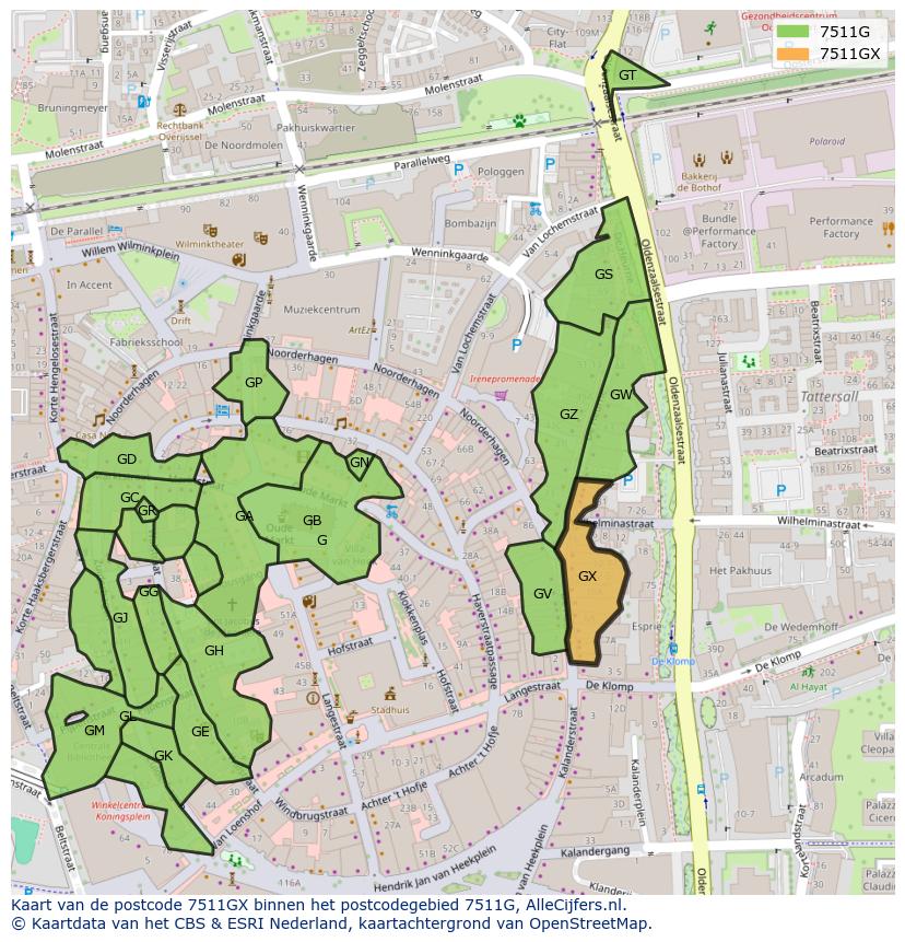 Afbeelding van het postcodegebied 7511 GX op de kaart.