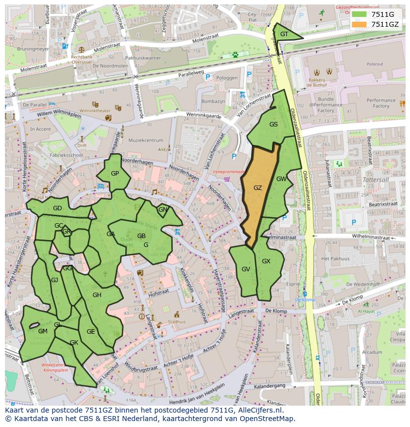 Afbeelding van het postcodegebied 7511 GZ op de kaart.