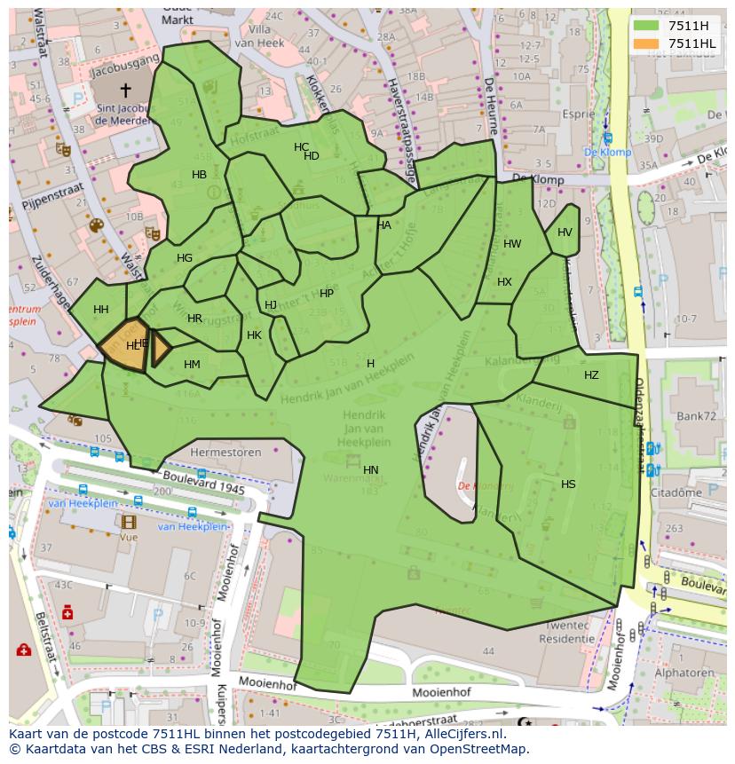 Afbeelding van het postcodegebied 7511 HL op de kaart.