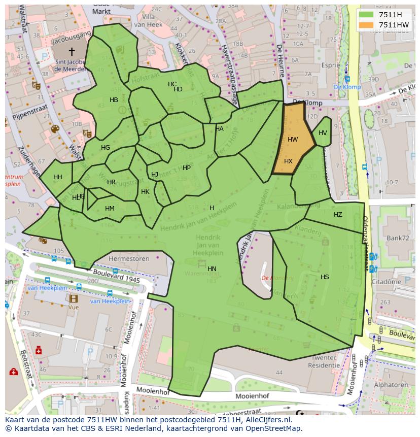 Afbeelding van het postcodegebied 7511 HW op de kaart.