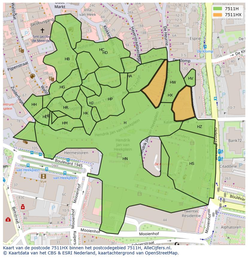 Afbeelding van het postcodegebied 7511 HX op de kaart.