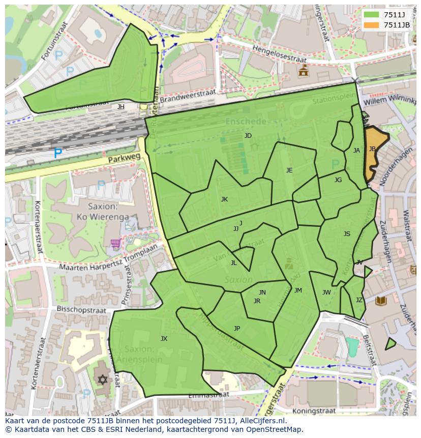 Afbeelding van het postcodegebied 7511 JB op de kaart.