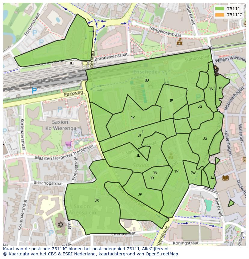 Afbeelding van het postcodegebied 7511 JC op de kaart.