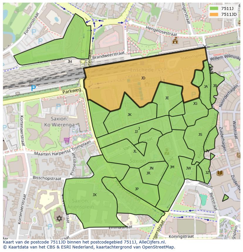 Afbeelding van het postcodegebied 7511 JD op de kaart.