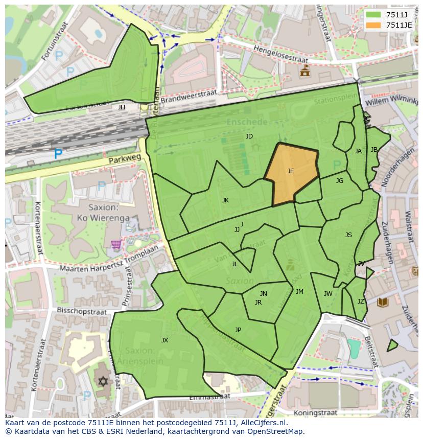 Afbeelding van het postcodegebied 7511 JE op de kaart.