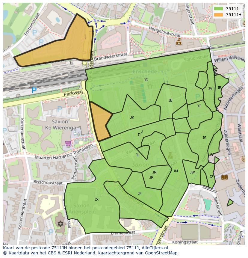 Afbeelding van het postcodegebied 7511 JH op de kaart.