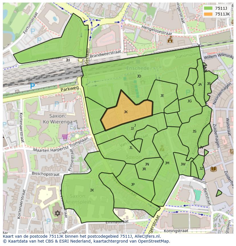 Afbeelding van het postcodegebied 7511 JK op de kaart.