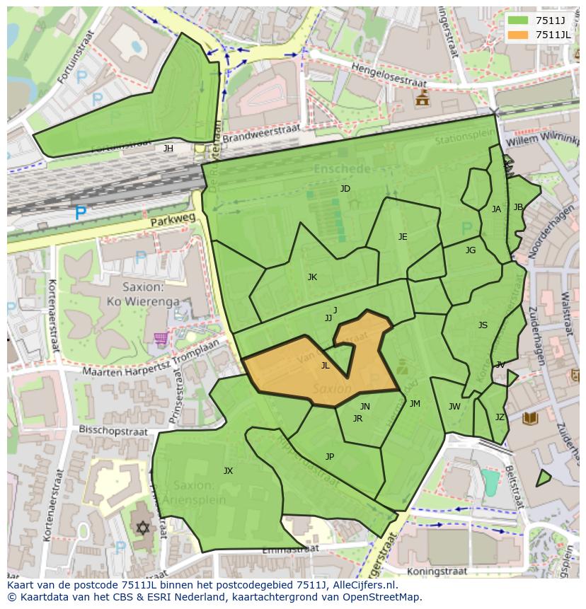 Afbeelding van het postcodegebied 7511 JL op de kaart.