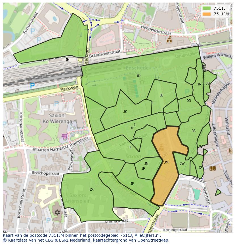 Afbeelding van het postcodegebied 7511 JM op de kaart.