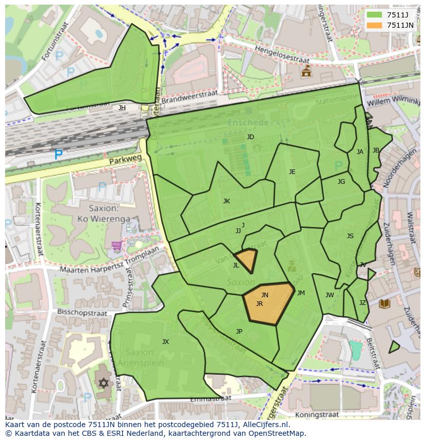 Afbeelding van het postcodegebied 7511 JN op de kaart.