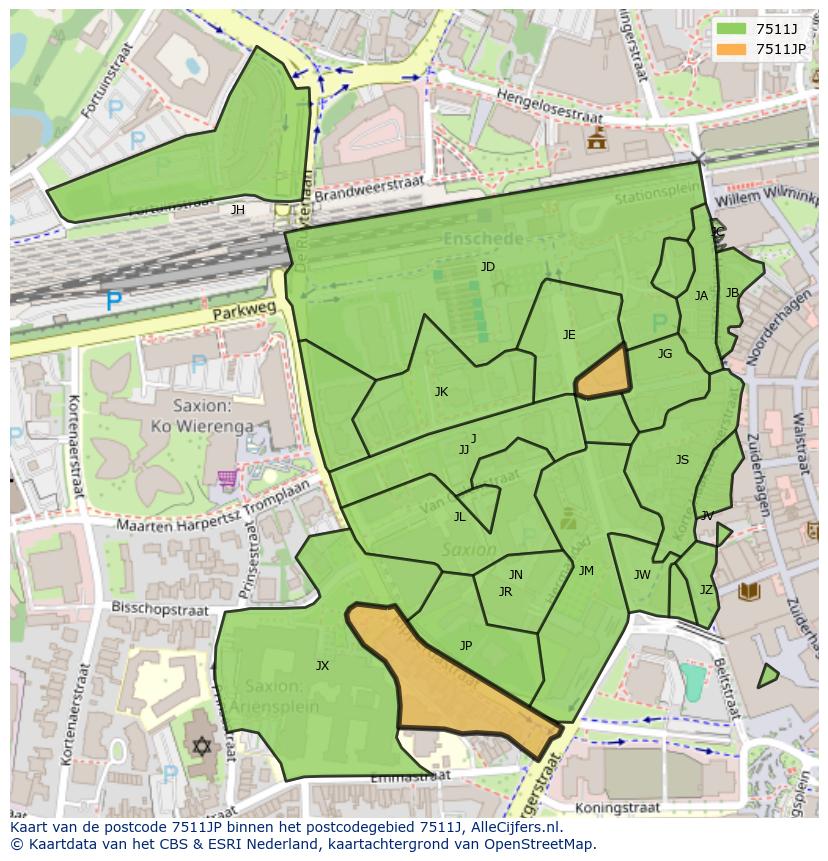 Afbeelding van het postcodegebied 7511 JP op de kaart.