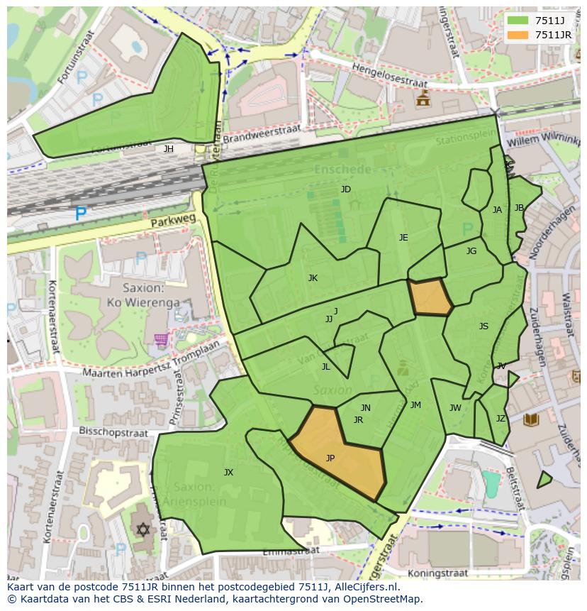 Afbeelding van het postcodegebied 7511 JR op de kaart.