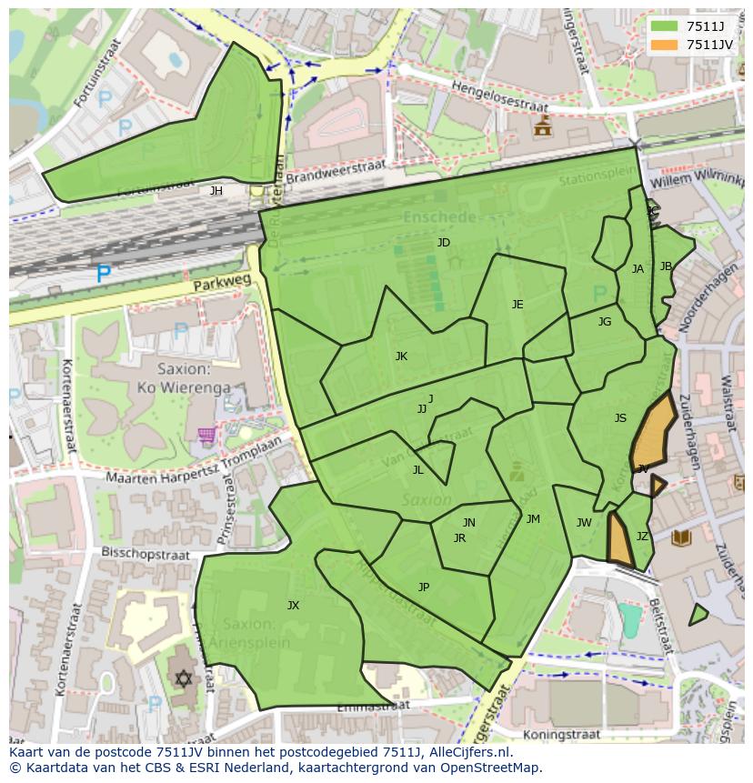 Afbeelding van het postcodegebied 7511 JV op de kaart.
