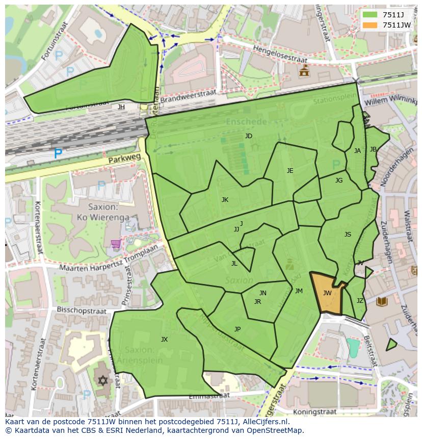 Afbeelding van het postcodegebied 7511 JW op de kaart.