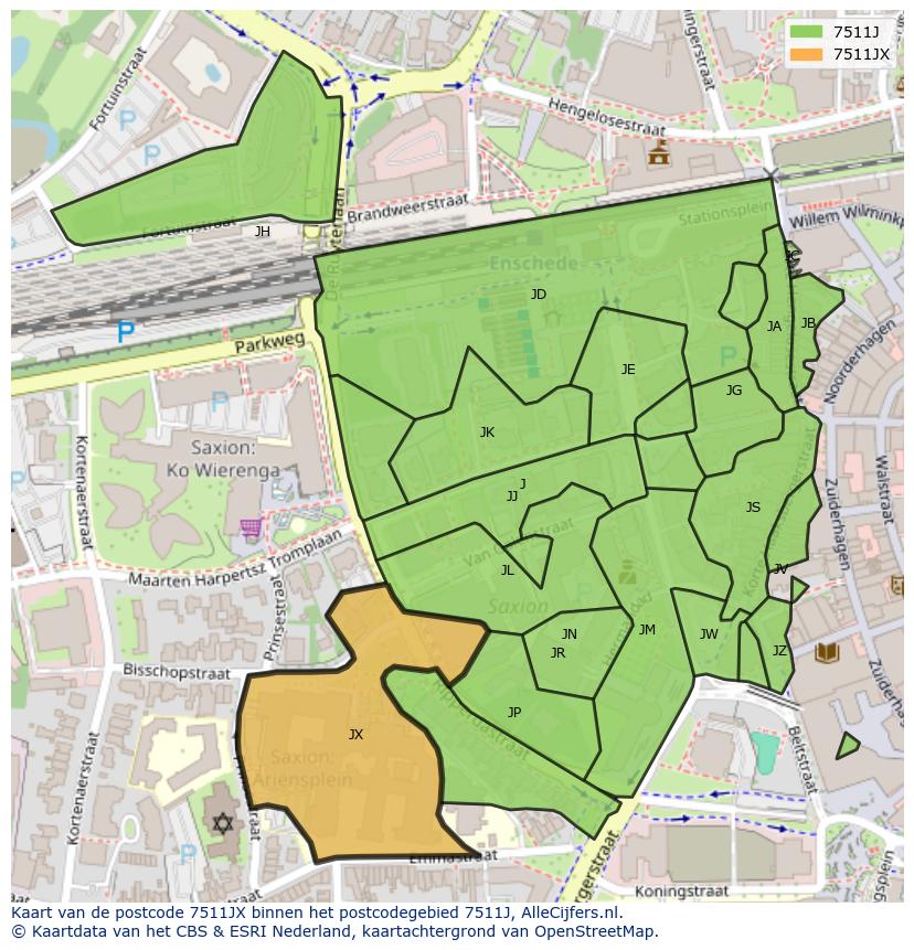 Afbeelding van het postcodegebied 7511 JX op de kaart.
