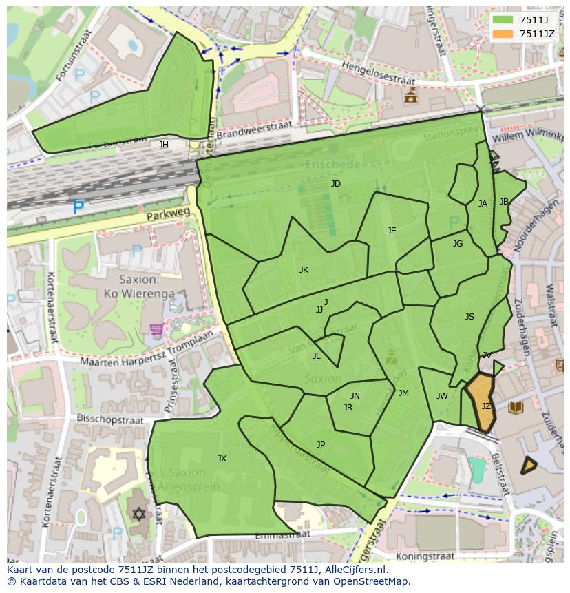 Afbeelding van het postcodegebied 7511 JZ op de kaart.