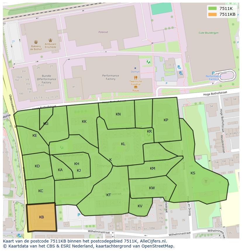 Afbeelding van het postcodegebied 7511 KB op de kaart.