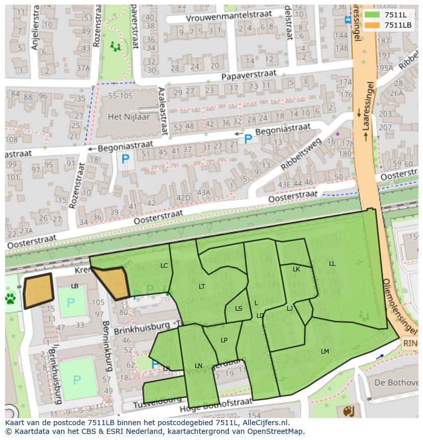 Afbeelding van het postcodegebied 7511 LB op de kaart.