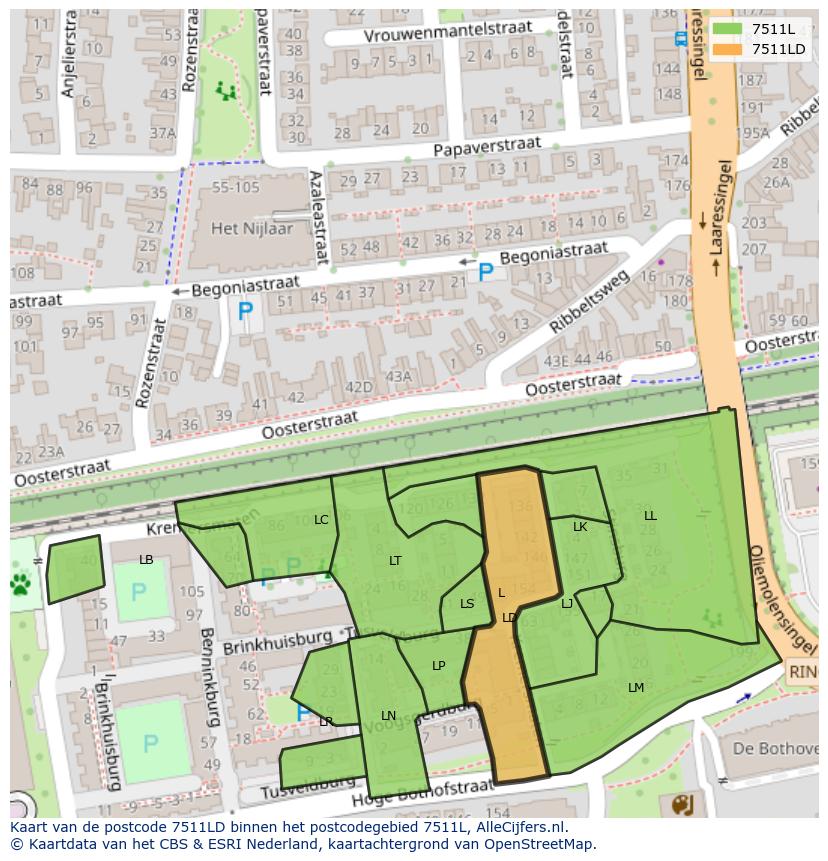Afbeelding van het postcodegebied 7511 LD op de kaart.