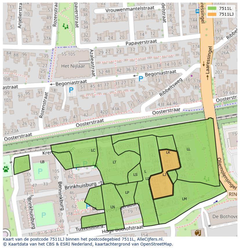 Afbeelding van het postcodegebied 7511 LJ op de kaart.